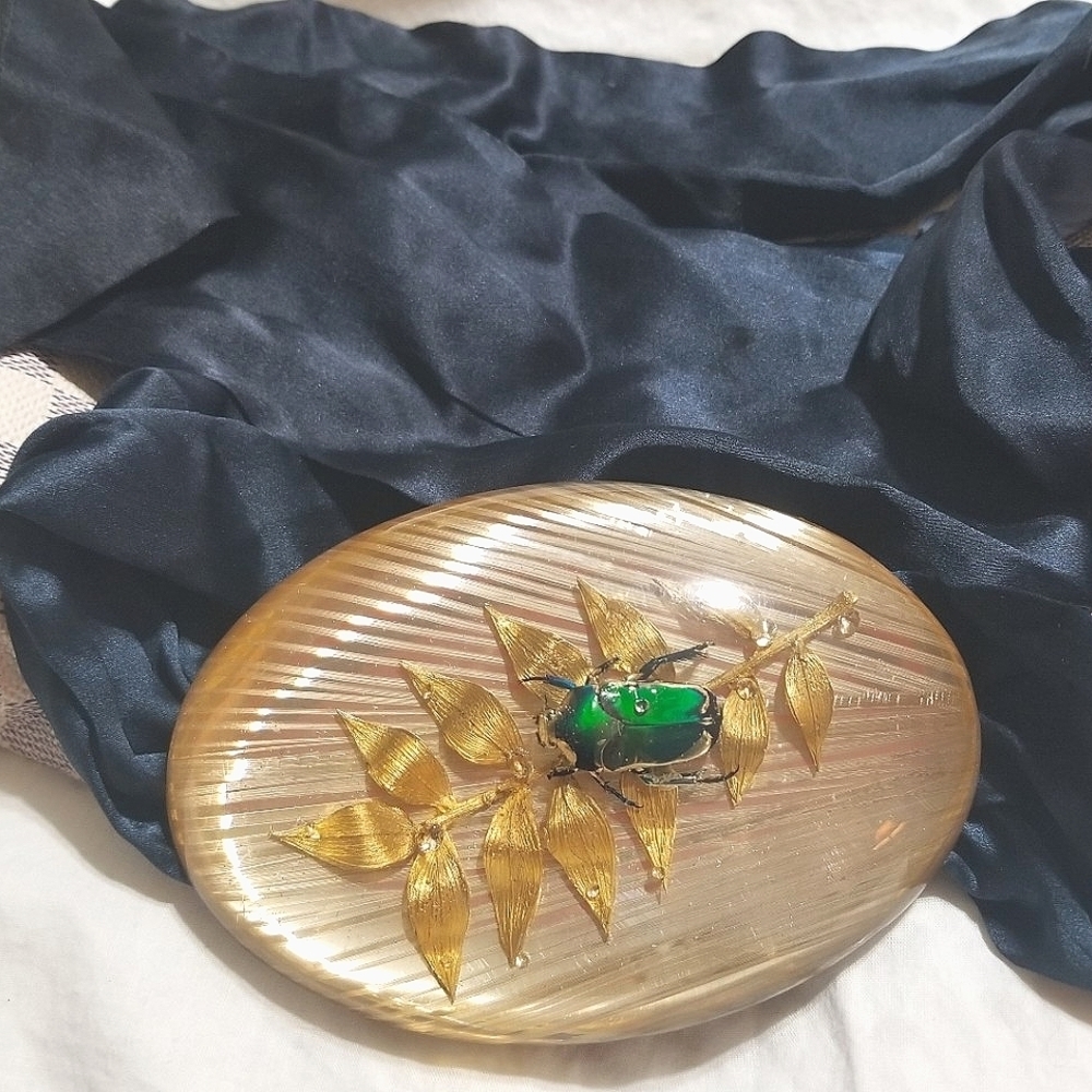 RARE Egyptian Revival Vintage Scarab in Lucite Silk Sash Belt